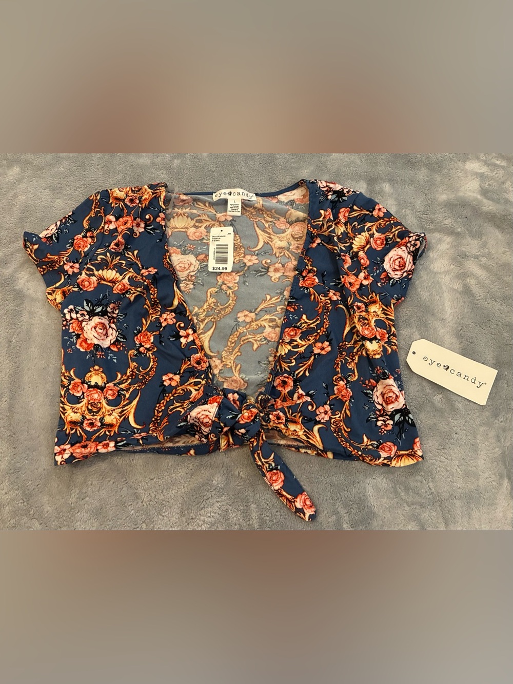 Women’s eye candy Brand Navy Floral Baroque Tie-Front Crop Top Size Large NWT